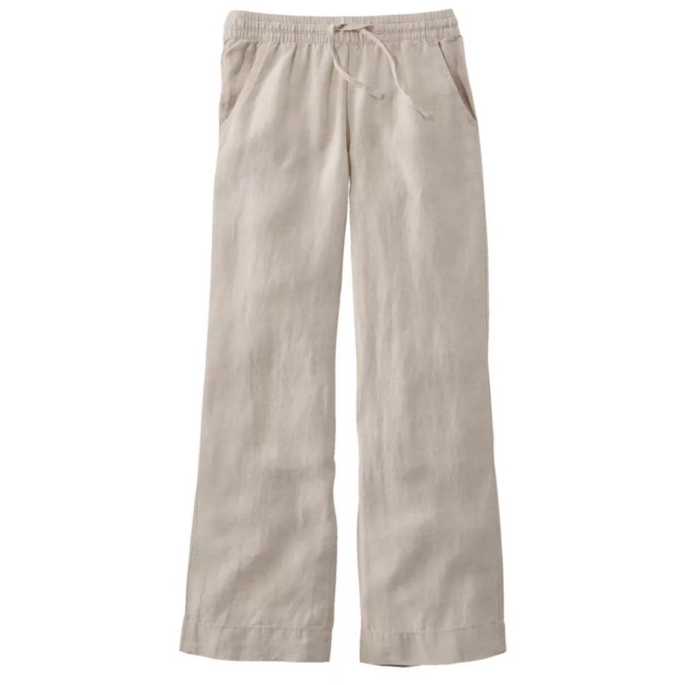 L.L. Bean Premium Washable 100% Linen Pull-On Pants Neutral Beige Wide Leg